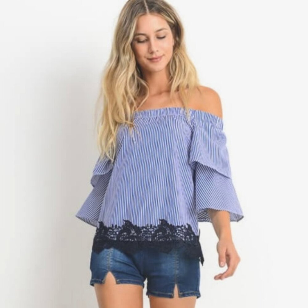 Zara off the shoulder ruffle puff sleeve striped lace blouse